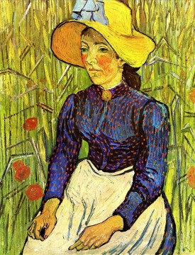 ヴィンセント・ヴァン・ゴッホ Painting - 麦畑の前に座る麦わら帽子をかぶった若い農民の少女 ヴィンセント・ファン・ゴッホ